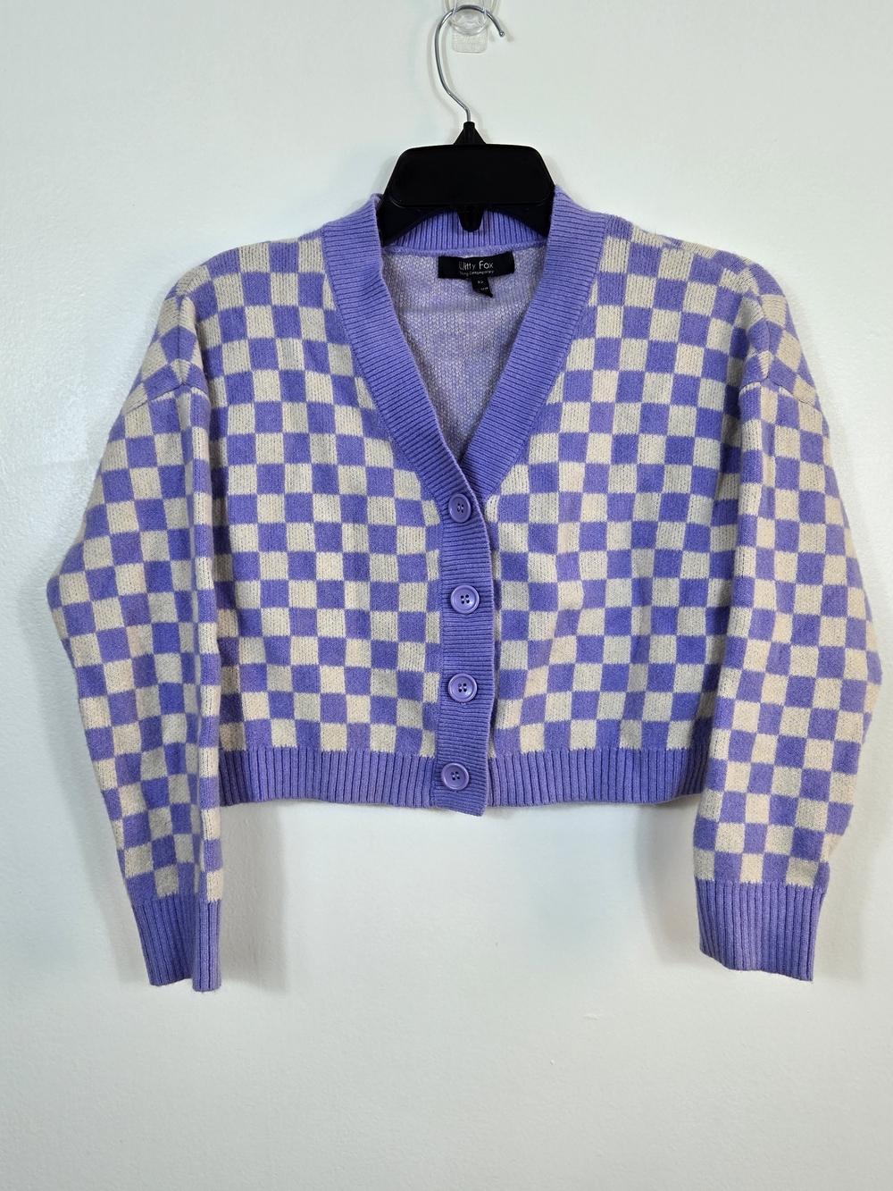 Witty Fox Womens Lavender Ivory Checkered Y2K Cropped Kawaii Cardigan XS Retro
